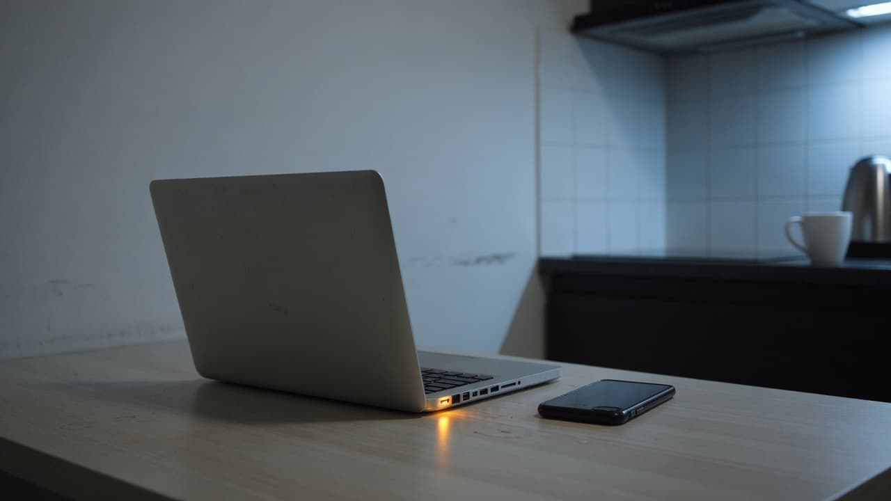 A closed laptop on a kitchen table at night, one small amber light on.